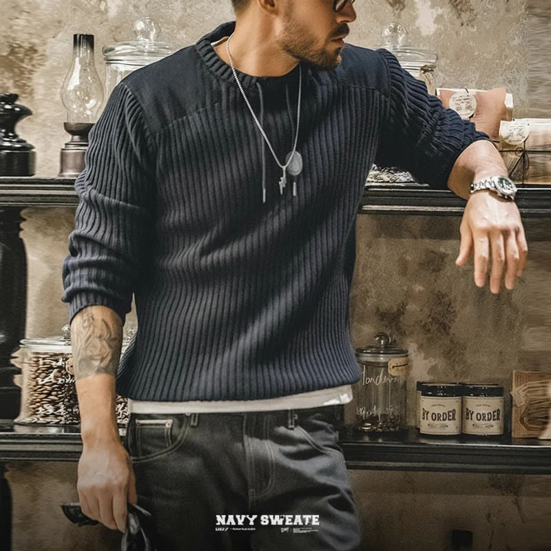 Maden Vertikal gestreifter Pullover O-Ausschnitt Slim Fit Herren Retro Strickpullover Patch Stitching Design Klassische Pullover Herrenbekleidung