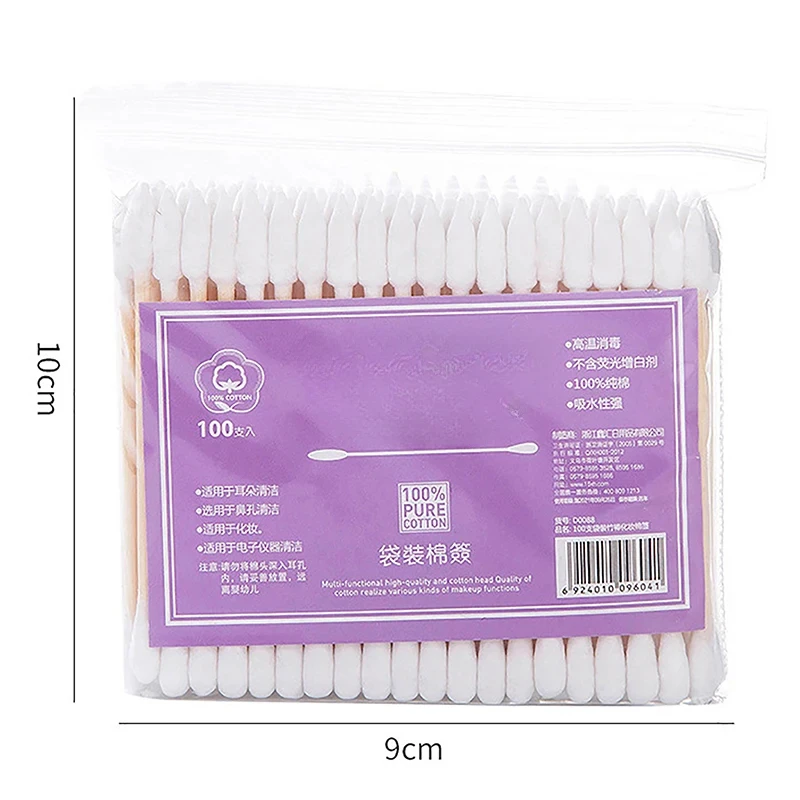 Paquete de 100 Uds. De hisopo de algodón de doble cabeza para maquillaje de mujer, punta de bastoncillos de algodón para palos médicos de madera, limpieza de nariz y oídos, herramientas de cuidado de la salud