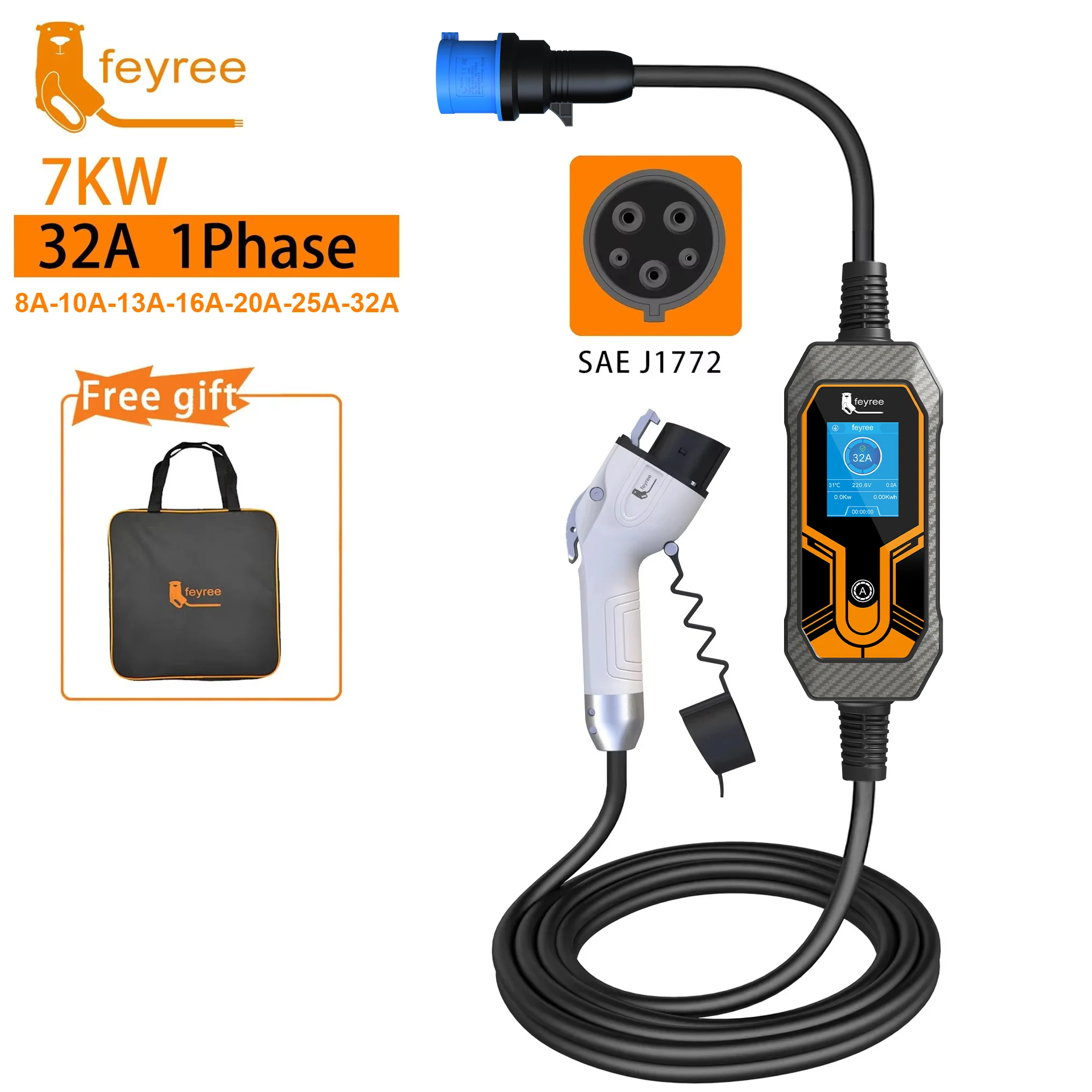 feyree EV 充電器 Type2 7KW 32A EVSE ポータブル充電ボックス CEE オスプラグ Type1 GB/T コード 5 メートル充電ケーブル電気自動車用
