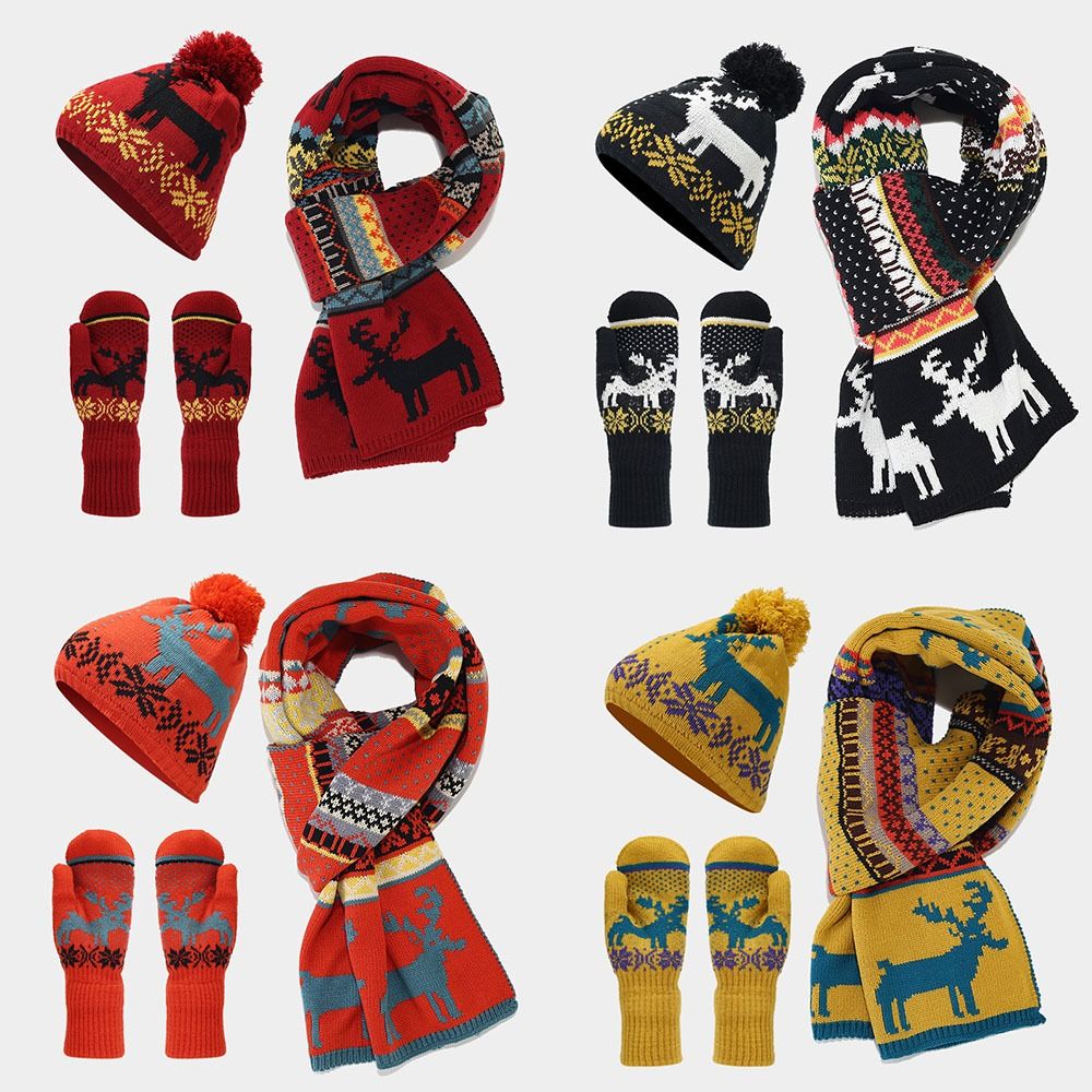 Geschenk Gestrickte Weihnachtsmütze Schal Handschuhe Set Winter Warm Kälte Schutz Weihnachten Elch Beanie Mütze Weihnachtsschal Damen und Herren
