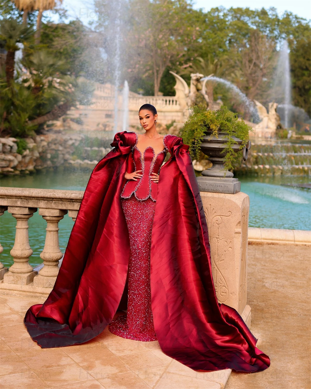 Afneembare lange cape mouw galajurken bordeaux kralen luxe avondjurk dubai arabische bruiloft receptie jurken op maat