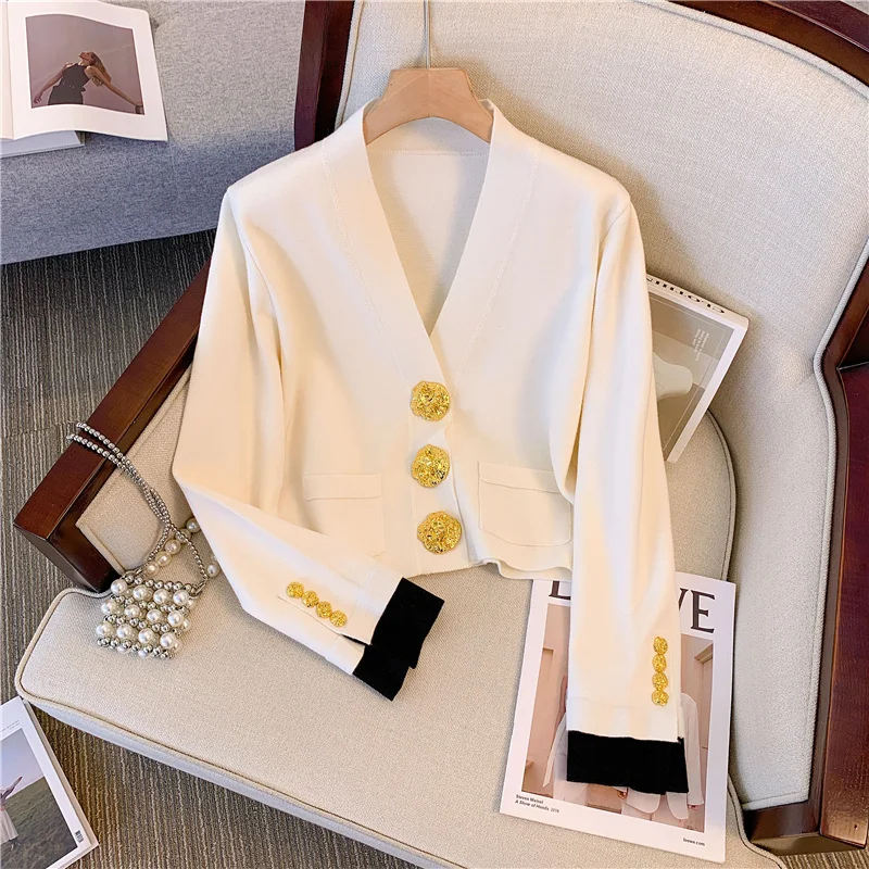 Vintage Elegante V-ausschnitt Strickjacke Pullover Für Frauen Gold Tasten Langarm Strickwaren Tops 2024 Herbst Mode Chic Damen Jumper