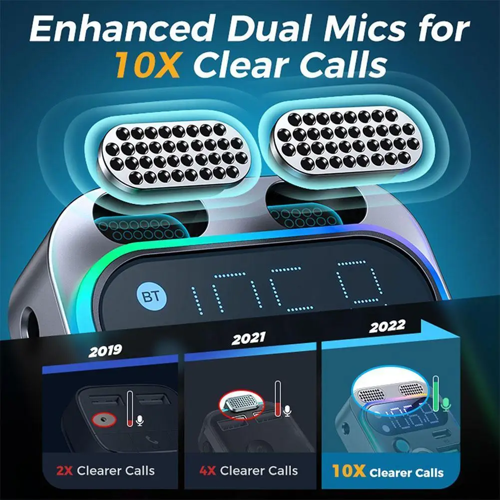 Transmissor FM Bluetooth para rádio de carro com microfones duplos para chamada de telefone mãos livres sem fio MP3 Player Suporte para carregamento rápido