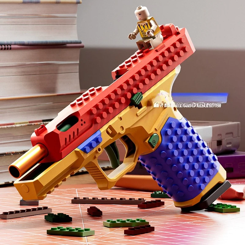 Continuous Firing Building Block Pistol Shell Throwing Airsoft Blowback Empty Hanging Toy Gun Outdoor CS Weapon for Boys Adult