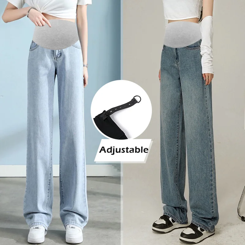 ขากว้าง DENIM กางเกงยีนส์ยาวฤดูใบไม้ผลิฤดูใบไม้ร่วงสูงเอว Belly กางเกงสําหรับหญิงตั้งครรภ์ Retro Casual Baggy การตั้งครรภ์