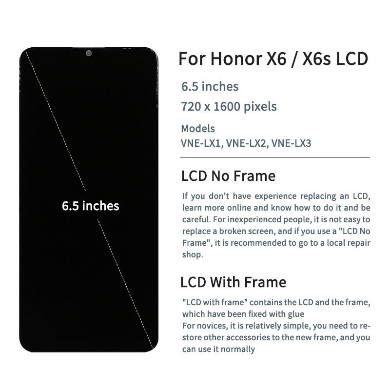 6.5 "新しい名誉 X6 液晶 VNE-LX1 ディスプレイタッチスクリーンデジタイザアセンブリ名誉 X6s VNE-LX2 液晶フレーム X6 液晶 VNE-LX3