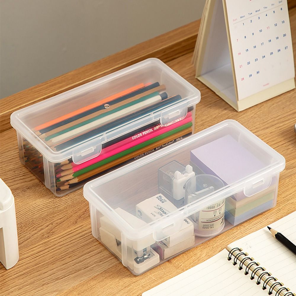 Large Capacity Storage Box Transparent Plastic Stationery Case Portable Pencil Case Office Stationary Supplies Desktop Organizer