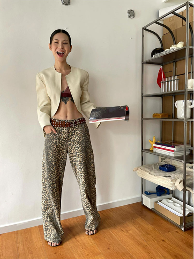 Wcfcx Studio Leoparden muster Jeans Frauen y2k Retro Straße lose amerikanische Stil Wasch jeans lässig heißes Mädchen hohe Taille gerade Jeans