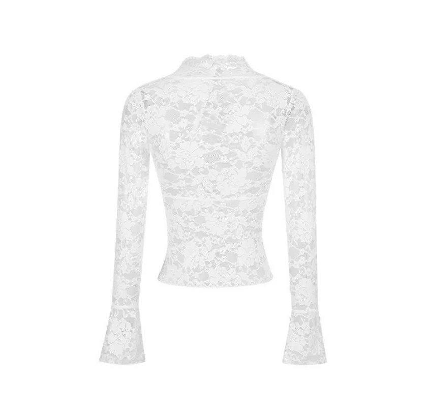 Sexy V-Neck Sheer T-Shirts Fashion Women Flare Long Sleeve Spring Lace Slim Pullovers Tops Casual Evening Party Club Chic Tees