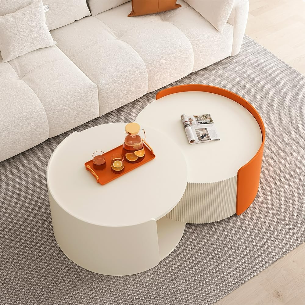 Coffee Table Set of 2, Round Nesting Table and End Table, Modern Side Tables with Extendable Sliding Tabletop, No Need Assembly