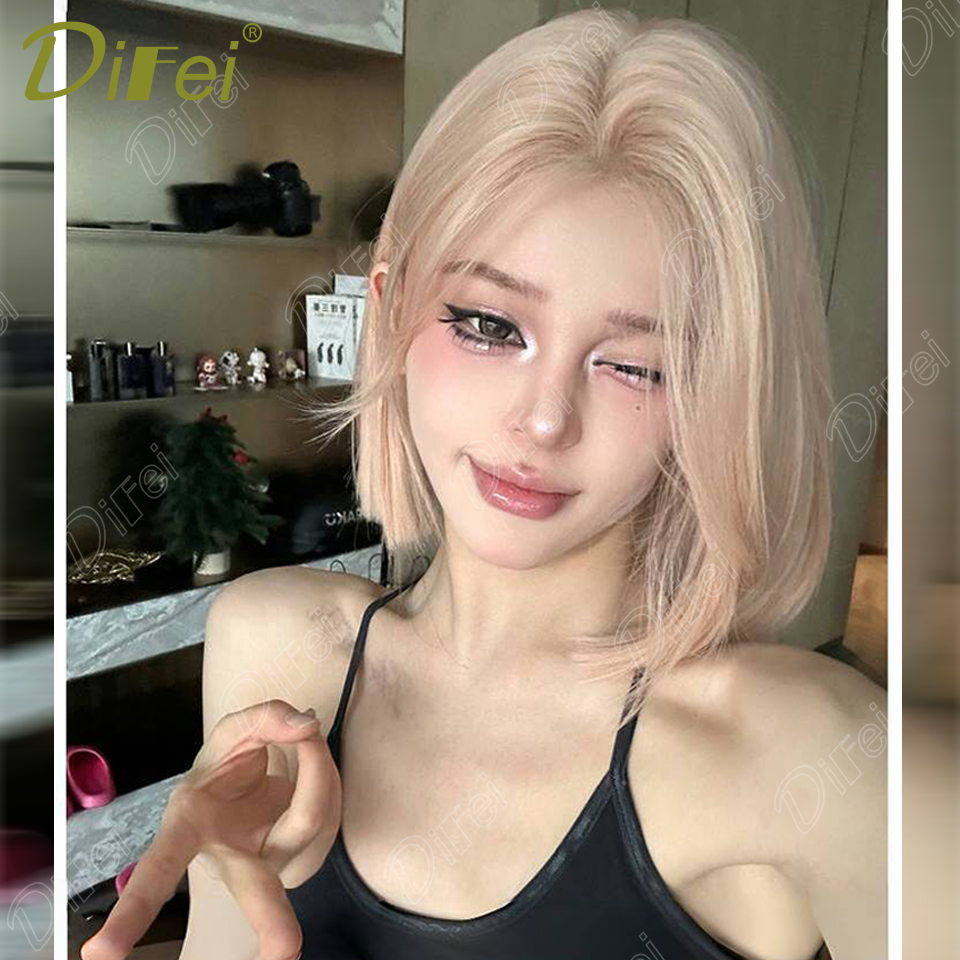 DIFEI-女性用合成かつら,ショート,ゴールド,パウダー,夏のバービー,スプリットバン,ジョーカー,フルヘッド