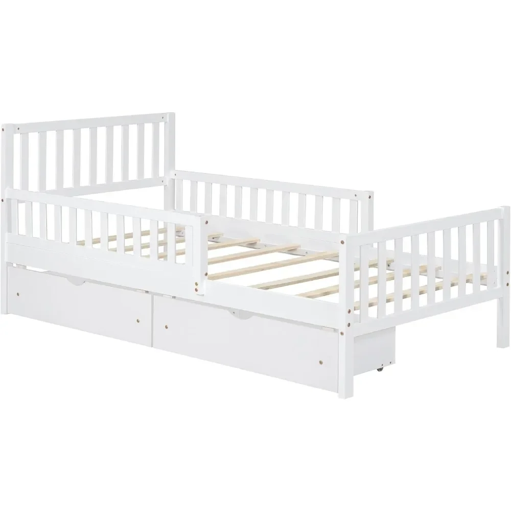 Twin Bed Frame with Storage Drawers and Fence Rails,Wood Platform Beds with Headboard and Slat Support for Kids Boys Girls Teens