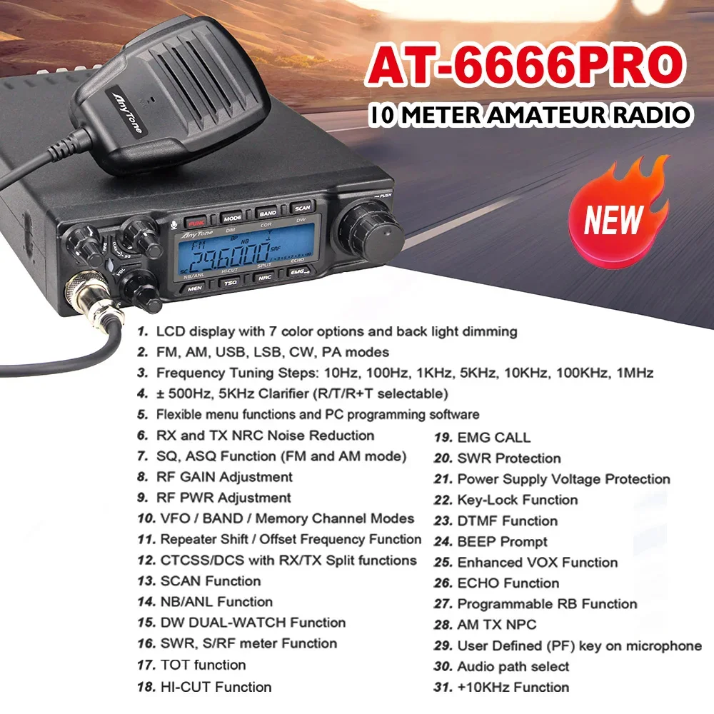 2024 Neues Anytone AT-6666 Pro Ausgang AM 80 W FM50W Hochleistungs-10-Meter-Radio mit AM/FM/SSB/CW/PA 10-Meter-Band für LKW-Fahrer