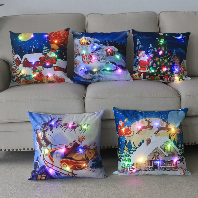 Fundas de almohada navideñas de dibujos animados, almohadas navideñas LED de 18x18 pulgadas con luces, decoración navideña para el hogar, decoración navideña para habitación de niños