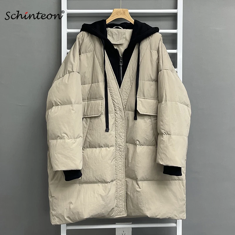 Schinteon feminino pato branco para baixo sobre tamanho jaqueta outono inverno quente casual outwear com capuz falso duas peças retalhos casaco 2023
