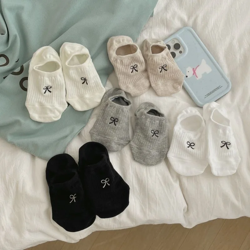 5 pares de calcetines tobilleros para mujer, calcetines informales con estampado de lazo, transpirables, antideslizantes, con tacón, estilo coreano, Instagram