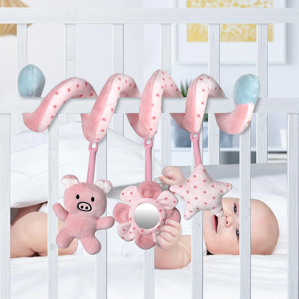 Assento de carro infantil bebê espiral atividade pendurado brinquedos carrinho barra berço berço móvel com espelho bb squeaker e chocalhos
