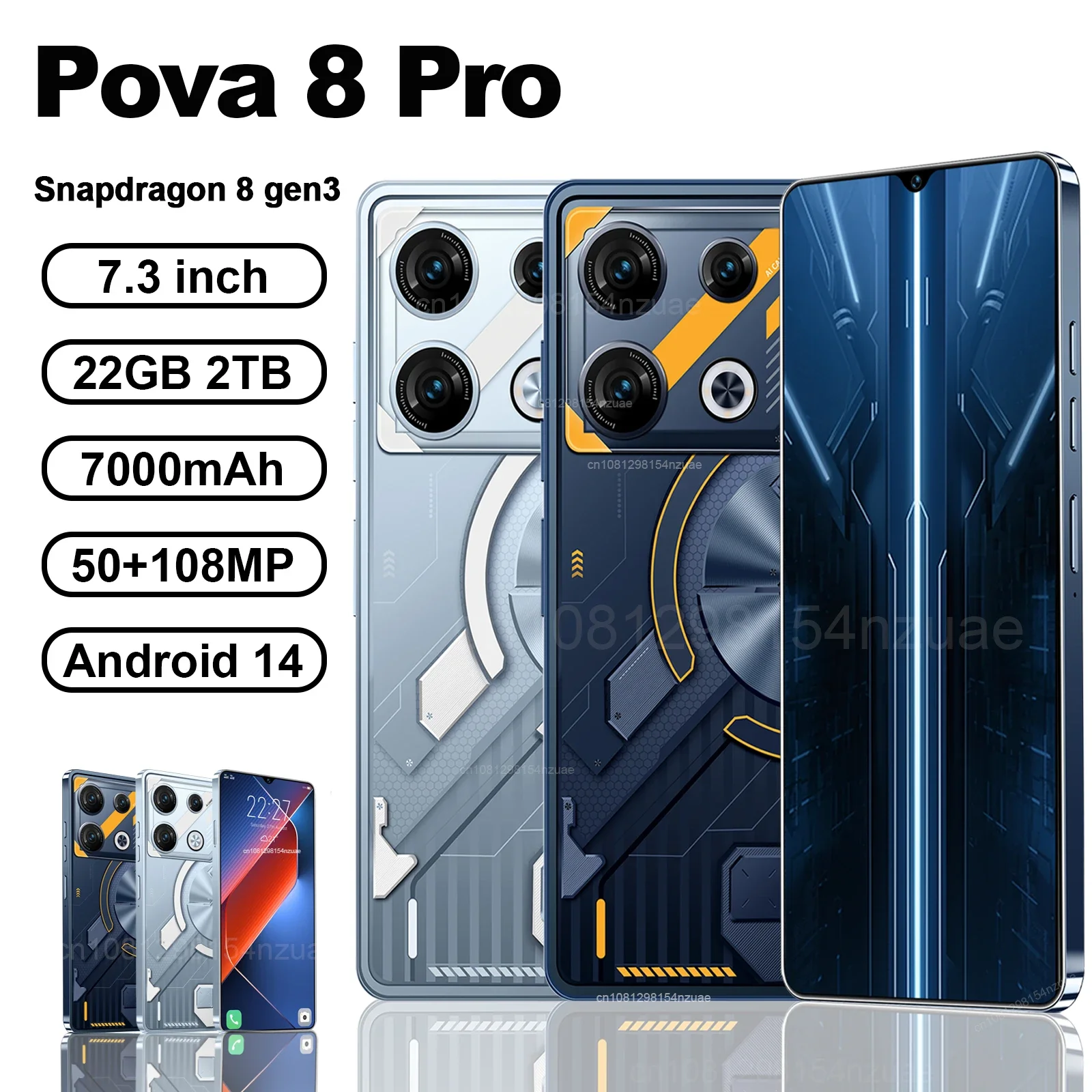 Original teeno pova 8 pro smartphone 5g 7.3 polegadas hd 22g + 2tb telefone celular duplo sim telefones celulares 50 + 108mp 7000mah android 14 nfc