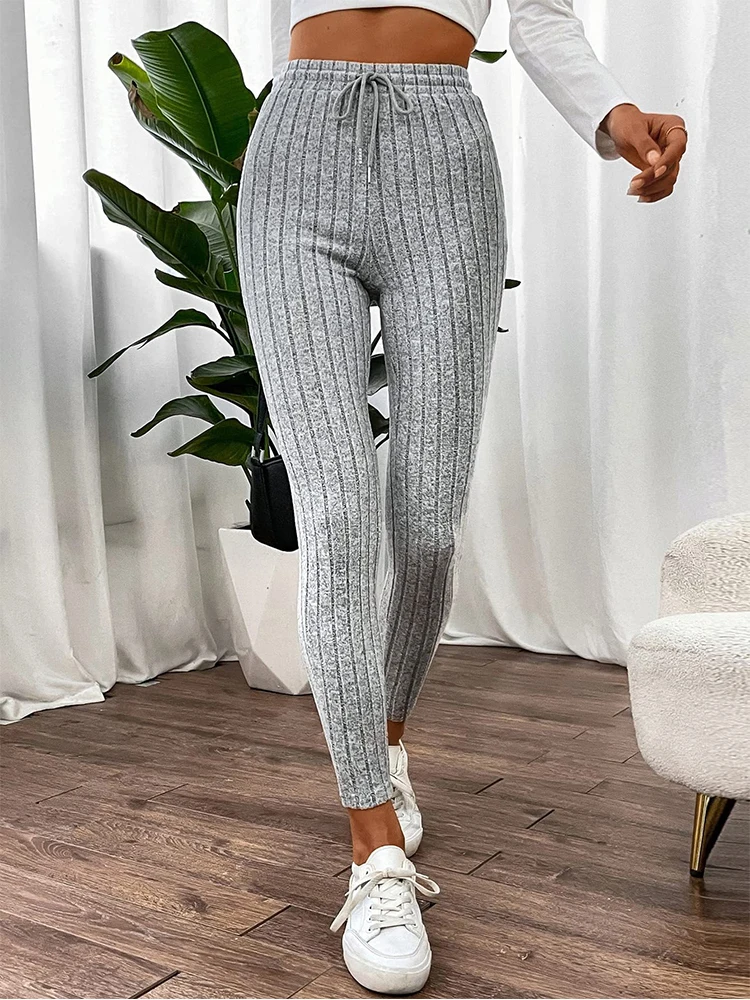 Leggings elásticos informales para todos los días con cordón para mujer, mallas deportivas transpirables de cintura alta de Color sólido, ropa suave y cómoda