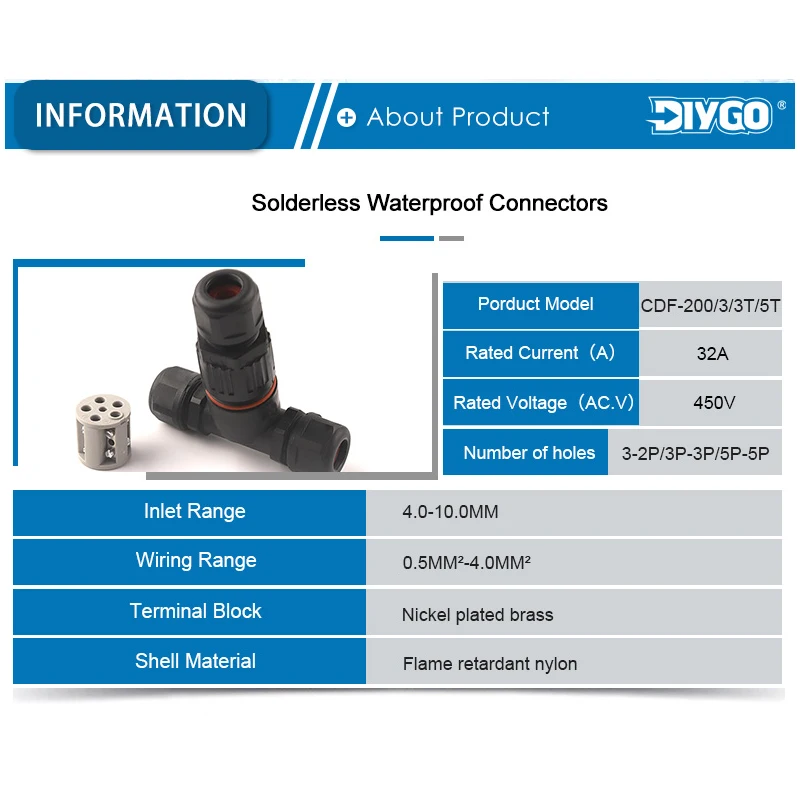 Conector impermeable IP68 en forma de I/T, conectores de cable de 2/3/5 pines, conexión rápida de tornillo, terminales de empuje, caja de conexiones eléctricas DIY GO