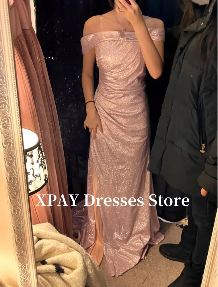 Xpay glitter rosa camapagne vestidos de festa à noite coreia sessão de fotos de casamento fora do ombro vestidos de baile festa formal personalizar