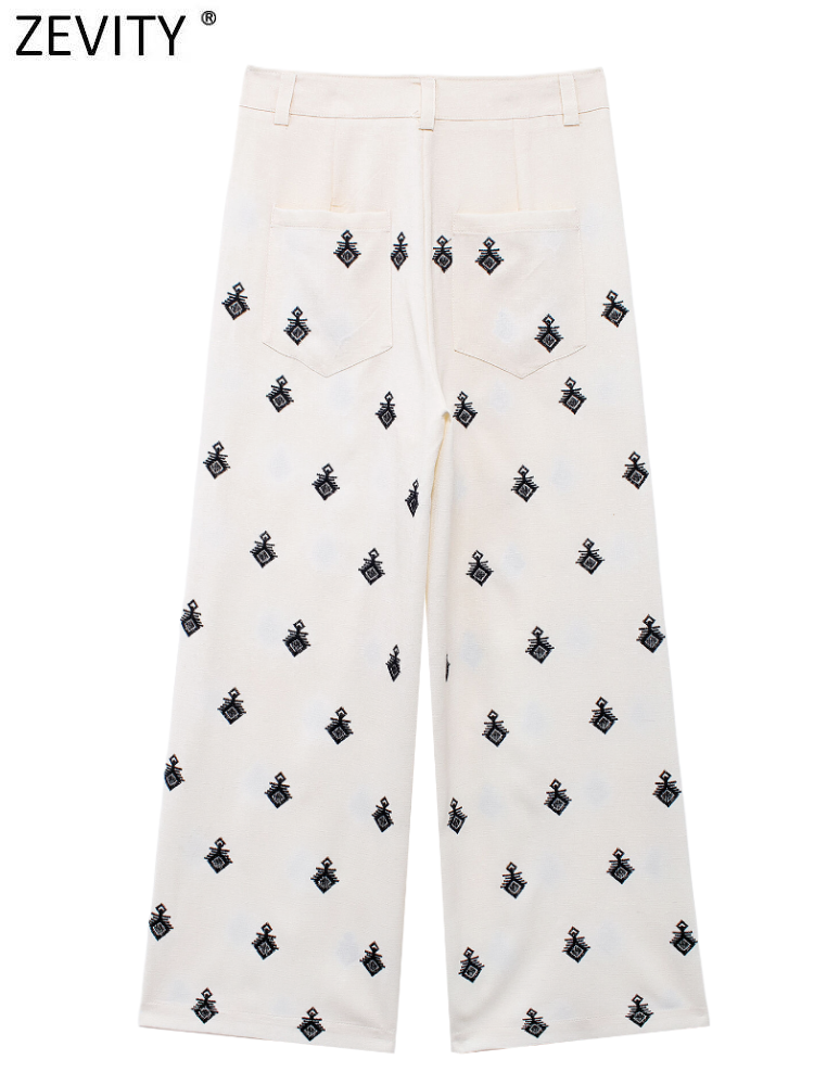 ZEVITY New Women Fashion Geometric Embroidery Wide Leg Pants High Waist Female Chic Zipper Fly Ankle Length Trousers Mujer P6247