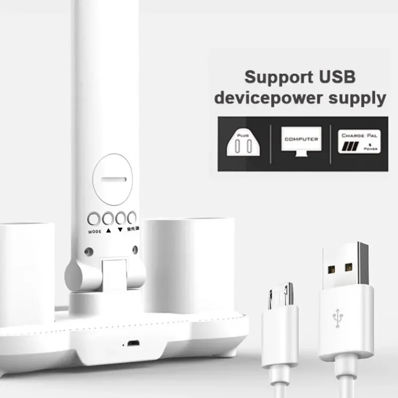 Lâmpada de mesa led de duas cabeças usb carregável regulável lâmpada de mesa com calendário relógio dobrável proteção para os olhos leitura luz noturna