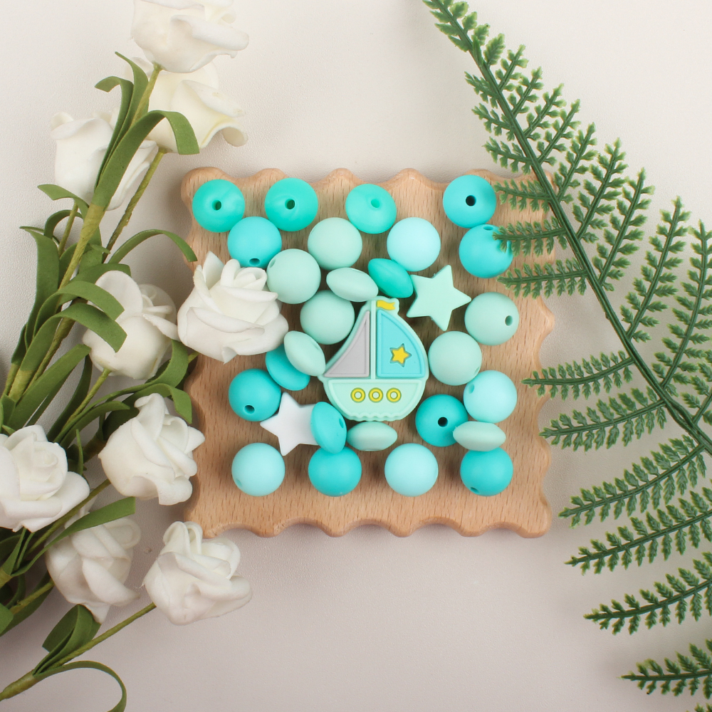 30Pcs/Set Silicone Beads Set Baby Cartoon Sailboat Star Round Shape Teething Beads Teether DIY Pacifier Clips Chian Accessories