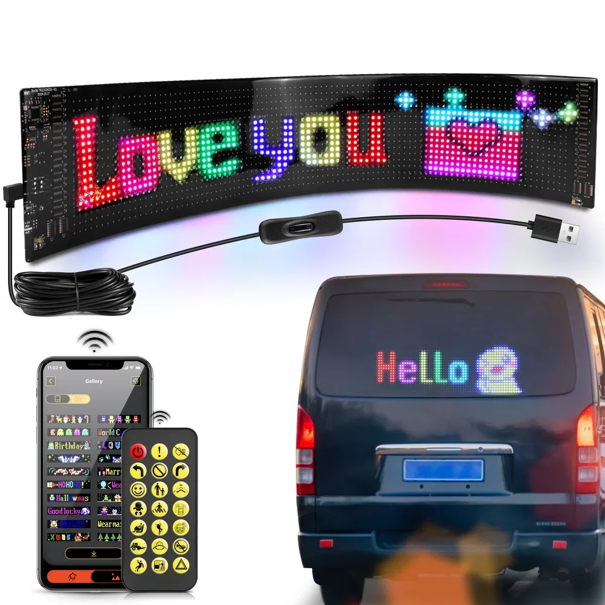 Znak LED Przewijanie samochodu Reklama USB 5 V Sterowanie aplikacją Bluetooth Logo Światło Niestandardowy wzór tekstu Animacja Programowalny wyświetlacz