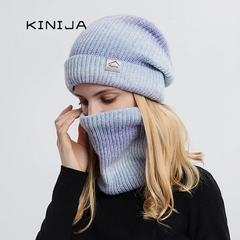 Frauen Winter Hut Gradienten Gestreiften Ski Hut Hals Wärmer Weibliche Tie Dye Beanie Russland Outdoor Verdicken Plüsch Hut + Schal set