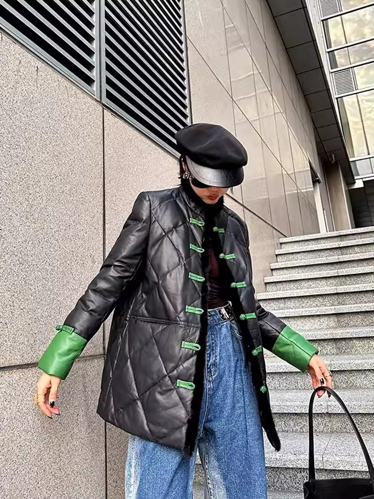 ผู้หญิงวินเทจฤดูหนาวใหม่กลางยาว STAND COLLAR SINGLE Breasted Sheepskin ลงเสื้อตรงเสื้อกันหนาวเสื้อแจ็คเก็ตหนังแท้