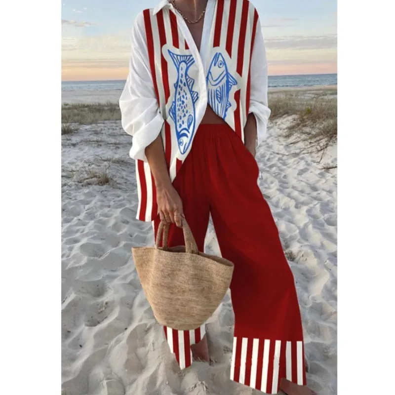 2025 Nieuwe zomervakantiestijl Cruise Print 2-delige set Reversoverhemd + Wijde broek met veters voor dames Cruise Outfit Strandvakantie