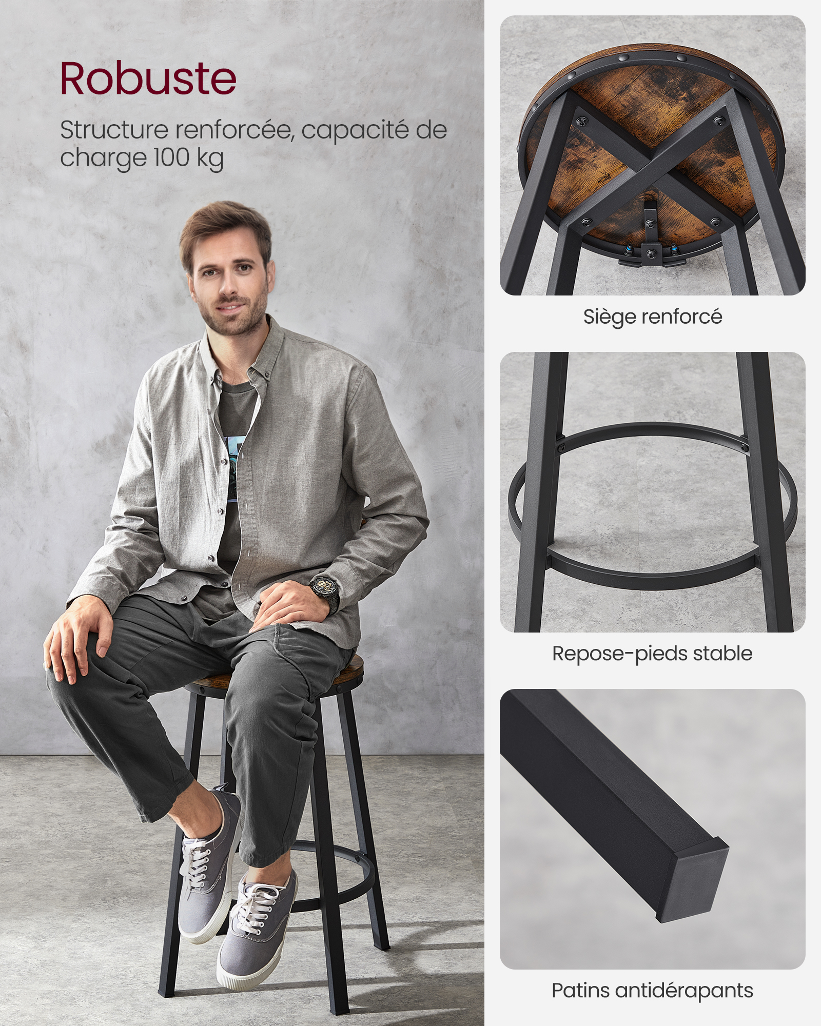 VASAGLE Tabouret Bar Industriel, Lot de 2, Chaises Bar Cuisine, avec Dossier, Cadre en Acier, Siège de 62,5 cm de Haut, Montage Facile, Style Industriel