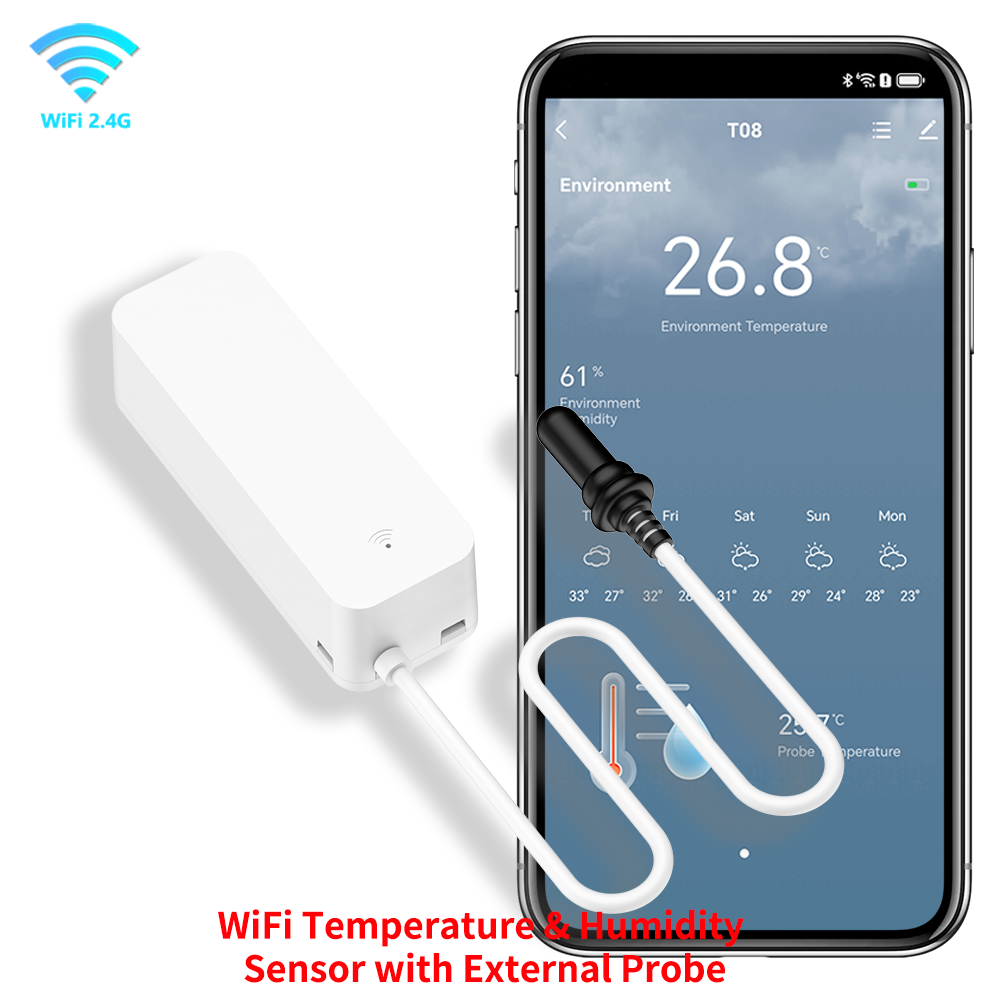 Zitech-Sensor de temperatura y humedad WiFi con sonda externa, higrómetro para hogar inteligente, monitoreo por aplicación para plantas, acuario, bodega