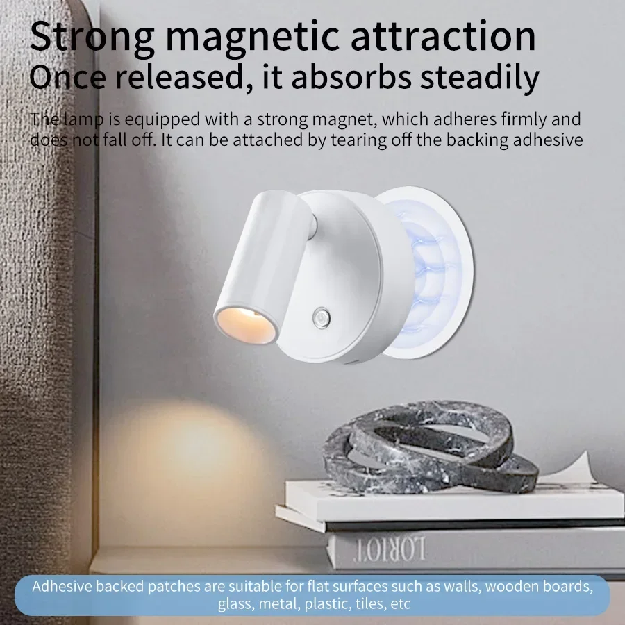 Lámpara de pared LED recargable Luces nocturnas táctiles Foco magnético inalámbrico 360 °   Rotación para iluminación de lectura de cabecera de dormitorio