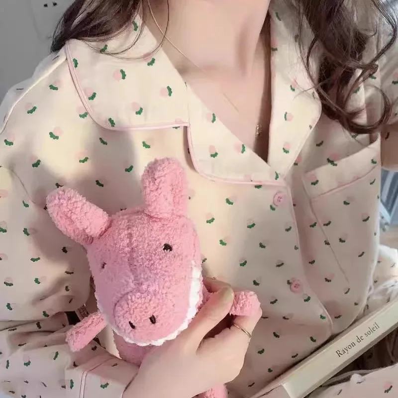 Pijamas de Manga Longa em Aodão Puro com Estampa de Morango, Estilo Doce para Mulheres, Conjunto de Roupas para Casa que Po...