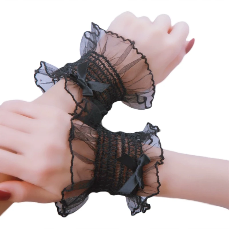 652F สไตล์ญี่ปุ่นหวานหวานแหววข้อมือยางยืดสายรัดข้อมือสร้อยข้อมือผูกโบว์ลูกไม้มีระบายสีทึบสายรัดข้อมืออะนิเมะ