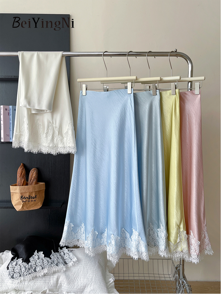Beiyingni Franse Elegante Satijnen Zeemeermin Rok Vrouwen Lente Zomer Kant Patchwork Pack Hip Lange A-lijn Rokken Kantoor Dames Faldas