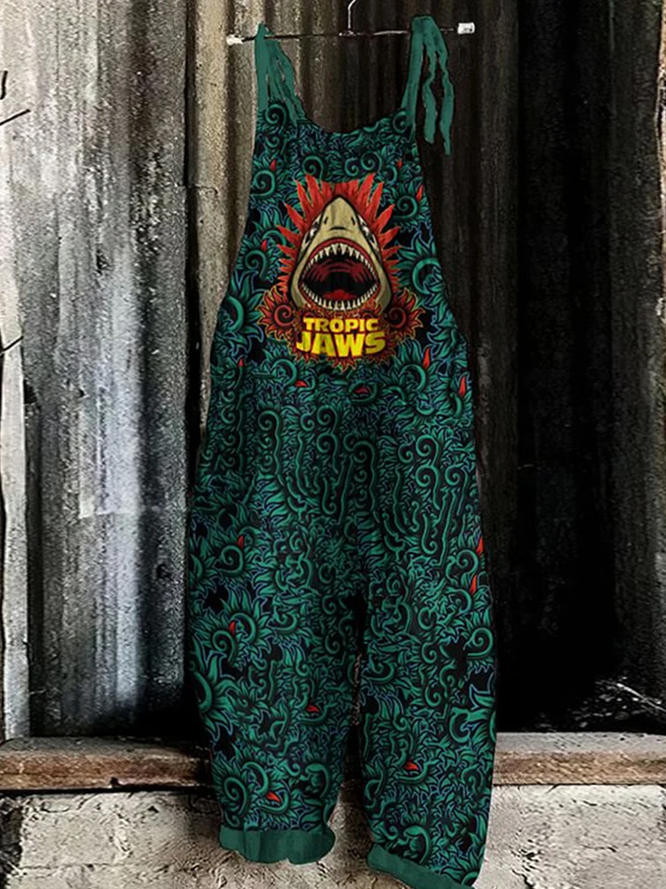 2024 informal a la moda elegante para mujer, mono holgado con suspensión ajustable con estampado geométrico Floral Retro, pantalón de pernera ancha para mujer