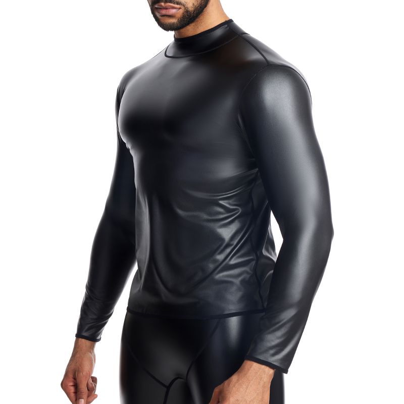 ใหม่ผู้ชายคอยาวแขนยาวหนัง TShirt Slim ชุดชั้นใน Body Shapers เอวเทรนเนอร์รัดตัว Tummy Shapewear เสื้อหนัง