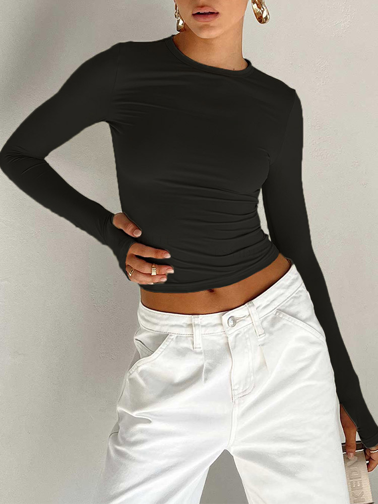 Camiseta de moda para mujer, Top corto ajustado liso con cuello redondo y manga larga con agujeros para los pulgares para ropa de calle diaria, camisola de verano