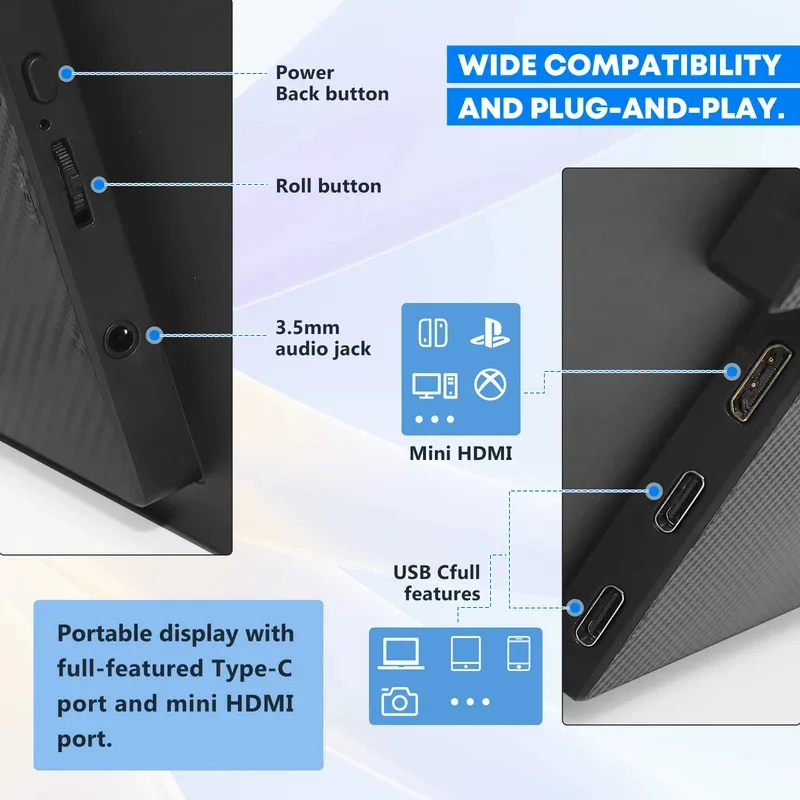 pc Portable Monitor 18.5 Inch 100Hz 100% SRGB FHD 1080P IPS Computer Display Gaming Monitor For Laptop USB C HDMI HDR Travel