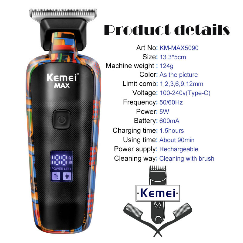 Kemei-5090 aparadores de cabelo com display digital, empurrador de barbeiro profissional para homens, máquina de cortar cabelo elétrica com padrão de graffiti aleatório