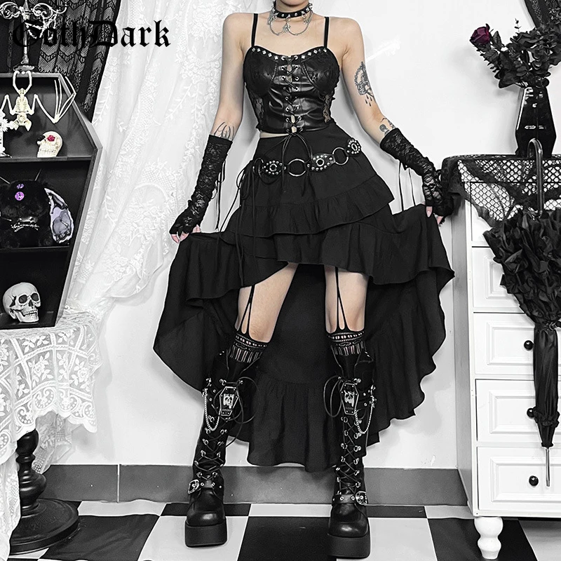 Goth Dark Kawaii Black Tiered Skirts 90S Retro Irregular Hem Party Bottoms Mall Gothic Women Fashion Dragging Skirt Alt Clothing