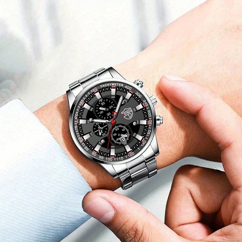 3 ชิ้น DEYROS แฟชั่นบุรุษปฏิทินนาฬิกาหรูหราชายสแตนเลสควอตซ์นาฬิกาข้อมือผู้ชายสร้อยข้อมือสร้อยคอนาฬิกาข้อมือ