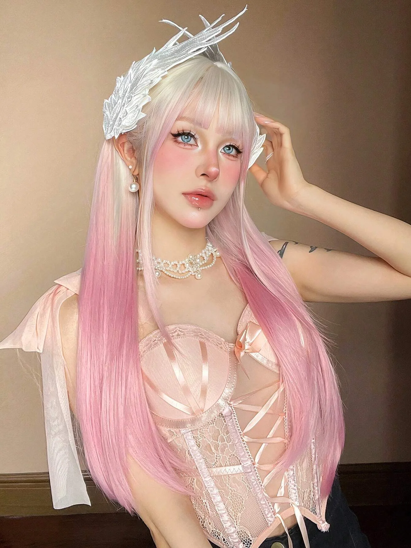 GEMMA-peluca larga y recta para mujer, pelo sintético colorido de color rosa claro, Rubio, Cosplay de Lolita, con flequillo, resistente al calor