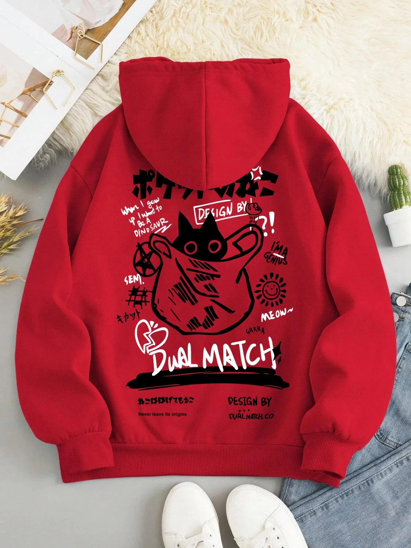 Moletom com capuz estampado unissex de comércio eletrônico transfronteiriço 2025 com capuz de gato preto e estampa de letras, manga comprida casual e confortável