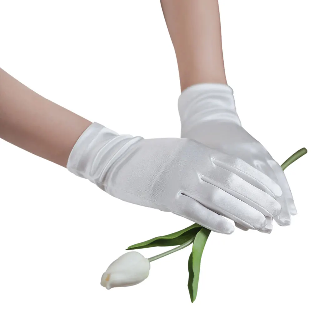 WG066 Elegant ซาตินสีขาวสั้นถุงมือเจ้าสาวนิ้วมือเจ้าสาวเพื่อนเจ้าสาว Handschuh ผู้หญิงประกวดดําเนินการพรหมอุปกรณ์เสริม