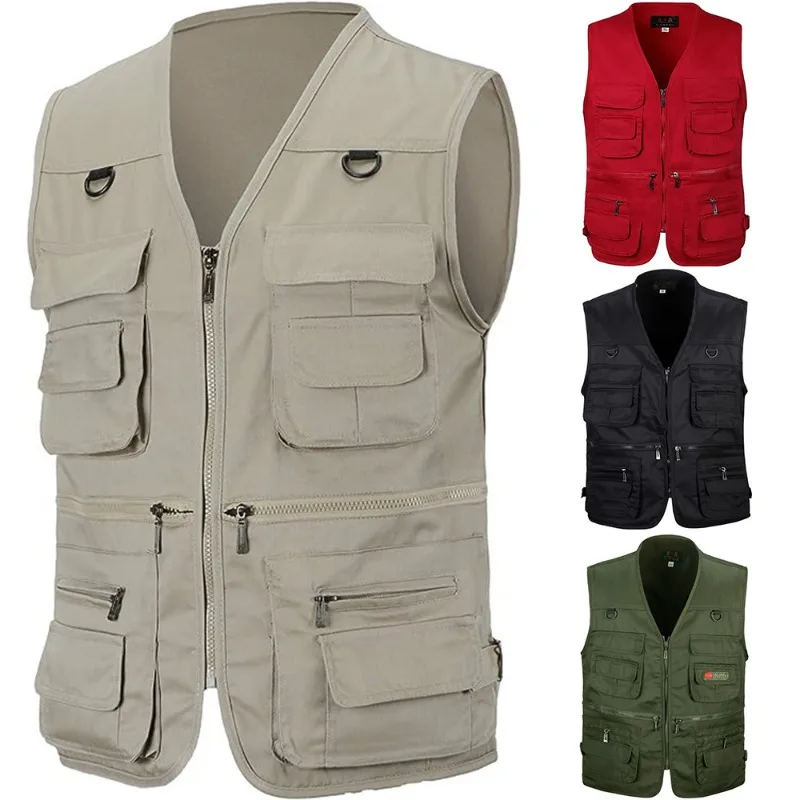 Colete masculino com vários bolsos para fotografia de pesca, colete tático ao ar livre para montanhismo, cor sólida, jaqueta sem mangas respirável