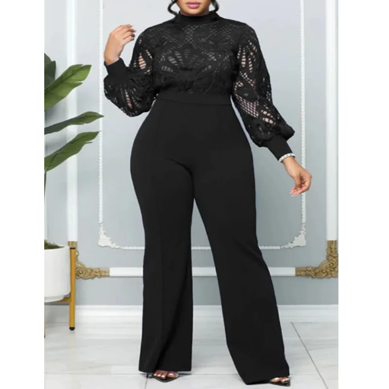 Elegante Damen-Overalls, edel, aushöhlen, Spitzen-Panel, langärmelig, Stretch, einteilig, weites Bein, Jumpsuits